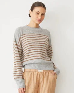MONROW Wool Cashmere Stripe Sweater HEATHER/CARAMELSTRIPE Hot